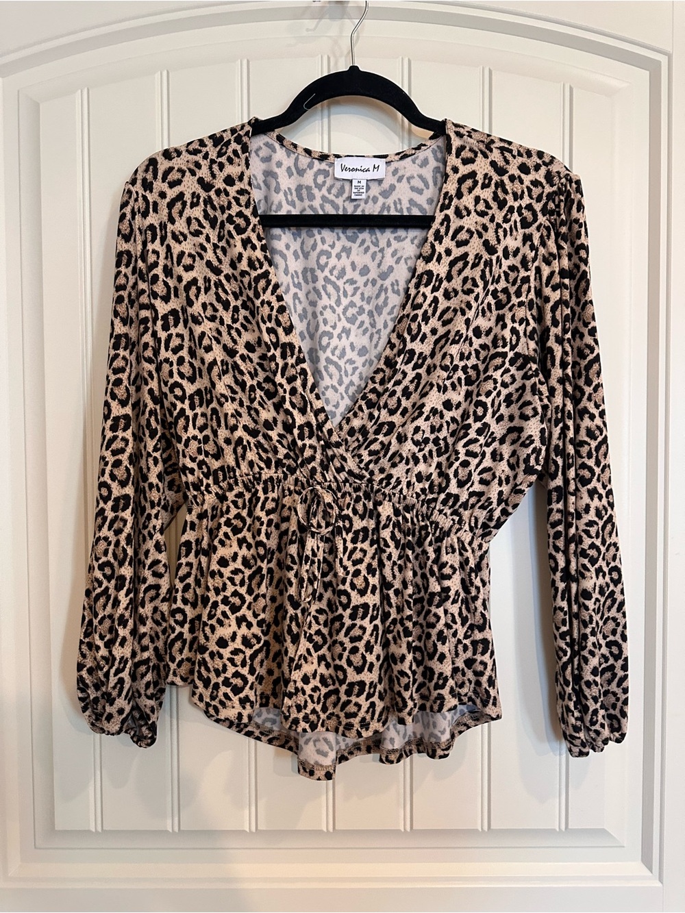 Veronica M Beige and Black Leopard-Print V-Neck Blouse